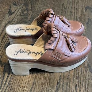 Free People Brown Leather Tassel Platform Clog Mules